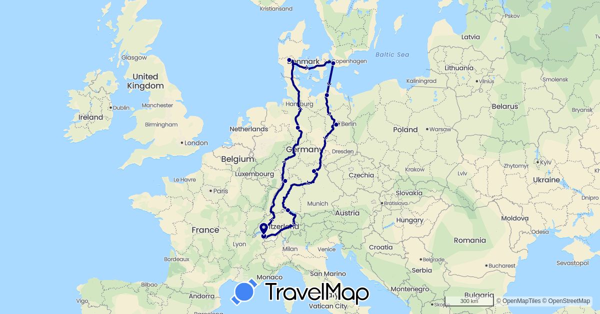 TravelMap itinerary: driving in Switzerland, Germany, Denmark, Sweden (Europe)